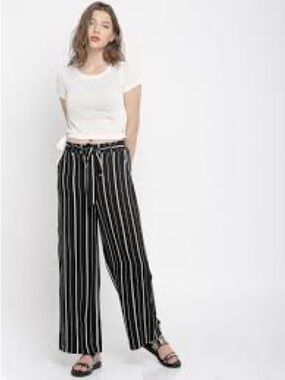 NWT Wide Leg Black & White Striped Pull-On linen blend Pants SZ M